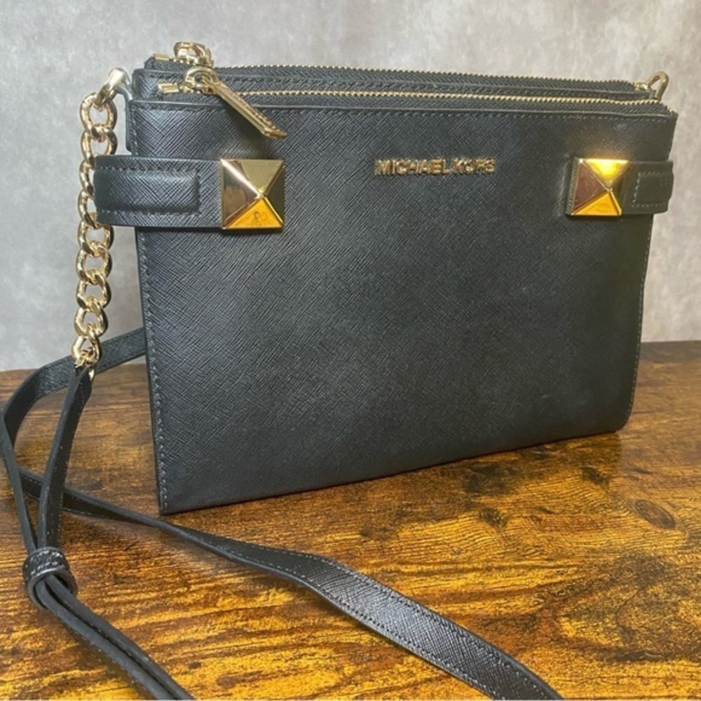 Michael Kors Karla East West Leatherโ Crossbody Bag Black and Gold